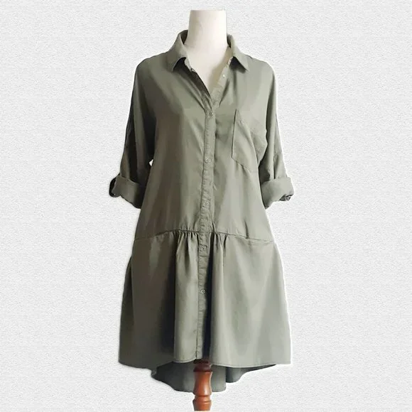 Zara Olive Green Denim Shirt Dress - Size M - Picture 1 of 7